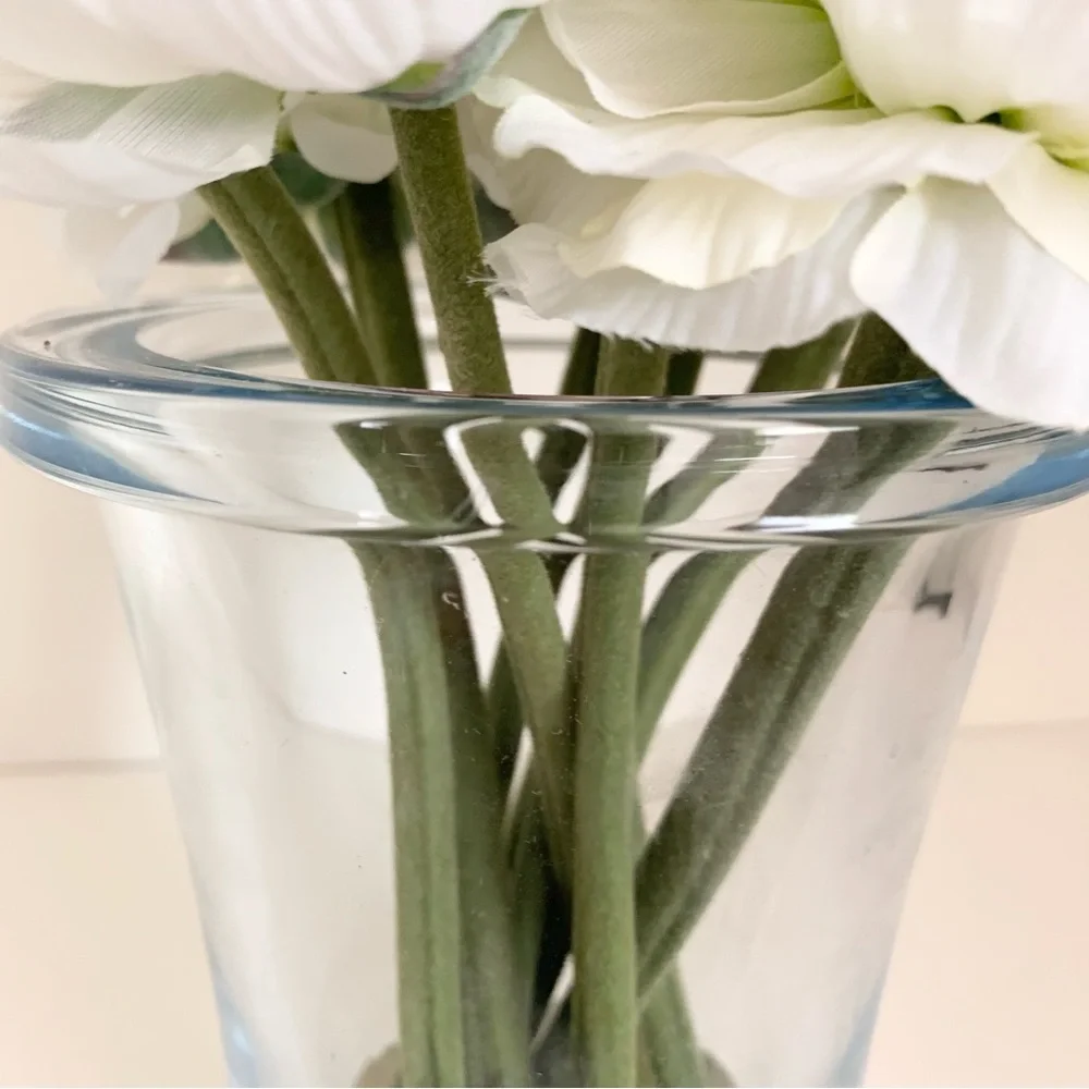 Thomas O’Brien Faux flowers in blue glass vase